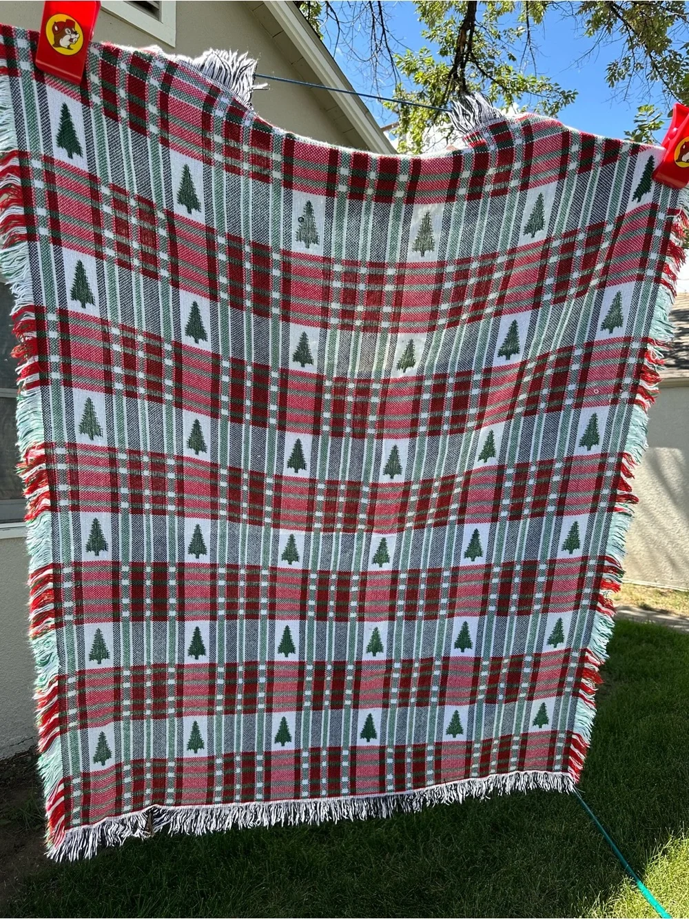 Holiday Plaid Throw Blanket with Pine Tree Motif - Red & Green reversible fringe